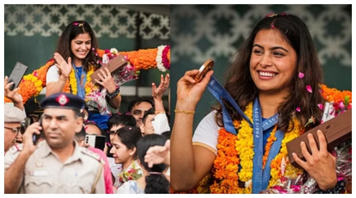 Photo of Manu Bhaker: दो मेडल के साथ भारत लौटीं मनु भाकर, ढोल-नगाड़ों के साथ एयरपोर्ट पर हुआ भव्य स्वागत