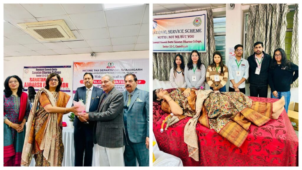 आयकर विभाग चंडीगढ़ द्वारा आयोजित मेगा रक्तदान शिविर में रक्तदान करते दाता और उपस्थित अधिकारी।"