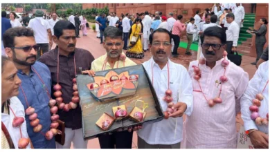 Photo of संसद में किसानों का दर्द, प्याज की माला पहनकर सांसदों ने किया प्रदर्शन