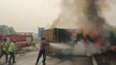 Photo of दिल्ली-मुंबई एक्सप्रेसवे पर टायर फटने से कंटेनर बेकाबू, ड्राइवर जिंदा जला, VIDEO देखें